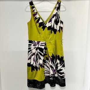 Nine West Green Black Sleeveless Floral Faux Wrap Sheath Dress Modern Art 12